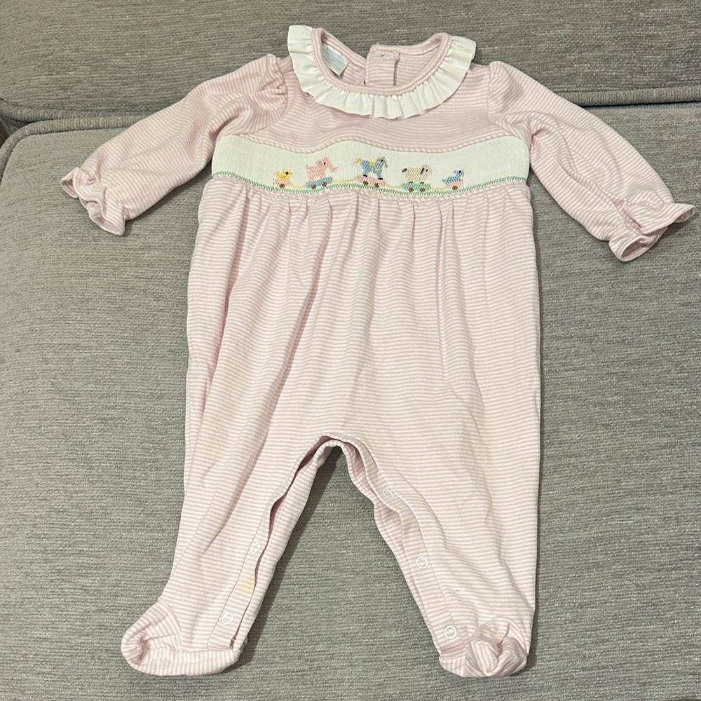 Edgehill Collection Light Pink Striped Smocked Footie with Ruffle Collar
